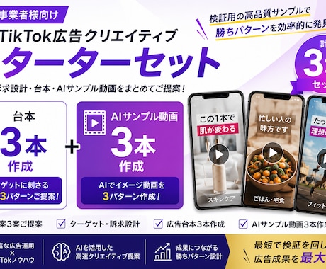 法人/TikTok広告スターターセット作成します 訴求設計・台本・AIクリエイティブ3本作成します イメージ1