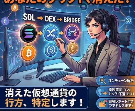 いつの間にか消えた仮想通貨の行方を特定します 消えた資金の行方をブロックチェーン履歴から徹底解析！ イメージ1
