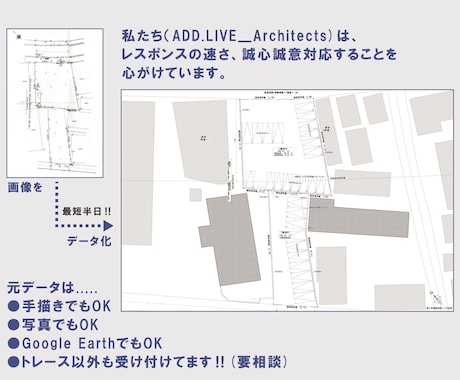 短期間で紙の図面や画像データをCAD化します 短納期も対応します。まずは相談！お気軽にご相談ください イメージ1
