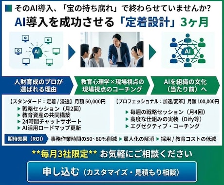 組織にAI活用を根付かせる支援を行います 人財育成プロが伴走。組織のAI活用を当たり前にする伴走支援！ イメージ1