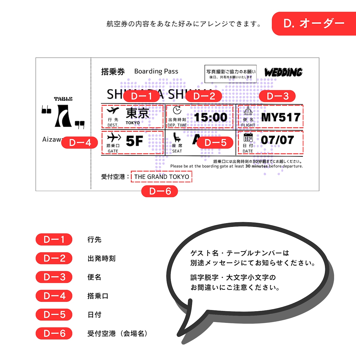 航空券風エスコートカード／お好きなデザイン選べます 【40枚〜】結婚式・ウェディング／オーダー対応／ミシン目入り イメージ7