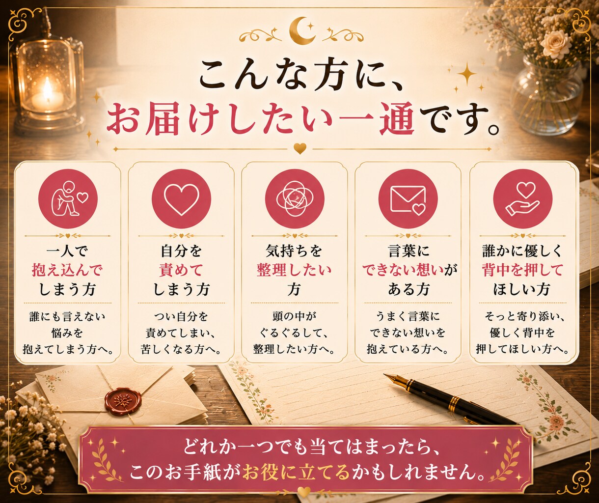 あなたらしい答えを見つけるお手紙をお届けします 答えを押し付けず、あなたが納得できる一歩を一緒に見つけます。 イメージ9