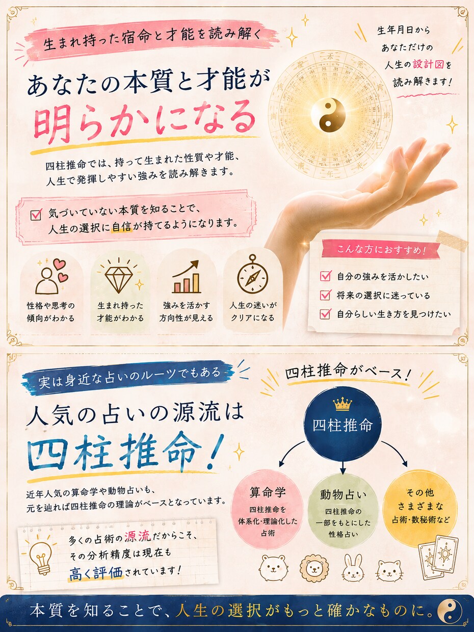 四柱推命であなたの宿命.資質.運命を占います 性格資質・才能・恋愛運・運命宿命から導く人生設計図を徹底鑑定 イメージ4