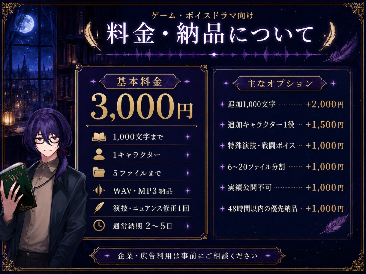 ゲーム・ボイスドラマ向けキャラボイスを収録します 青年・大人の男性を中心に、世界観に寄り添って演じます イメージ2