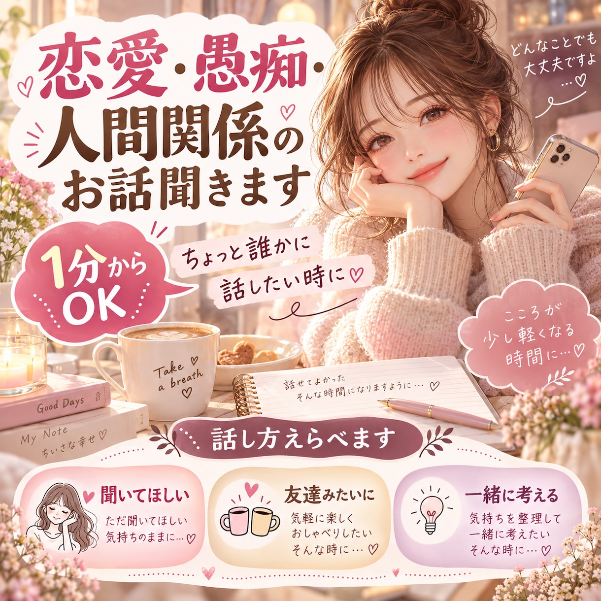 恋愛・愚痴・人間関係のお話聞きます 1分からOK。ちょっと誰かに話したい時にどうぞ！ イメージ1