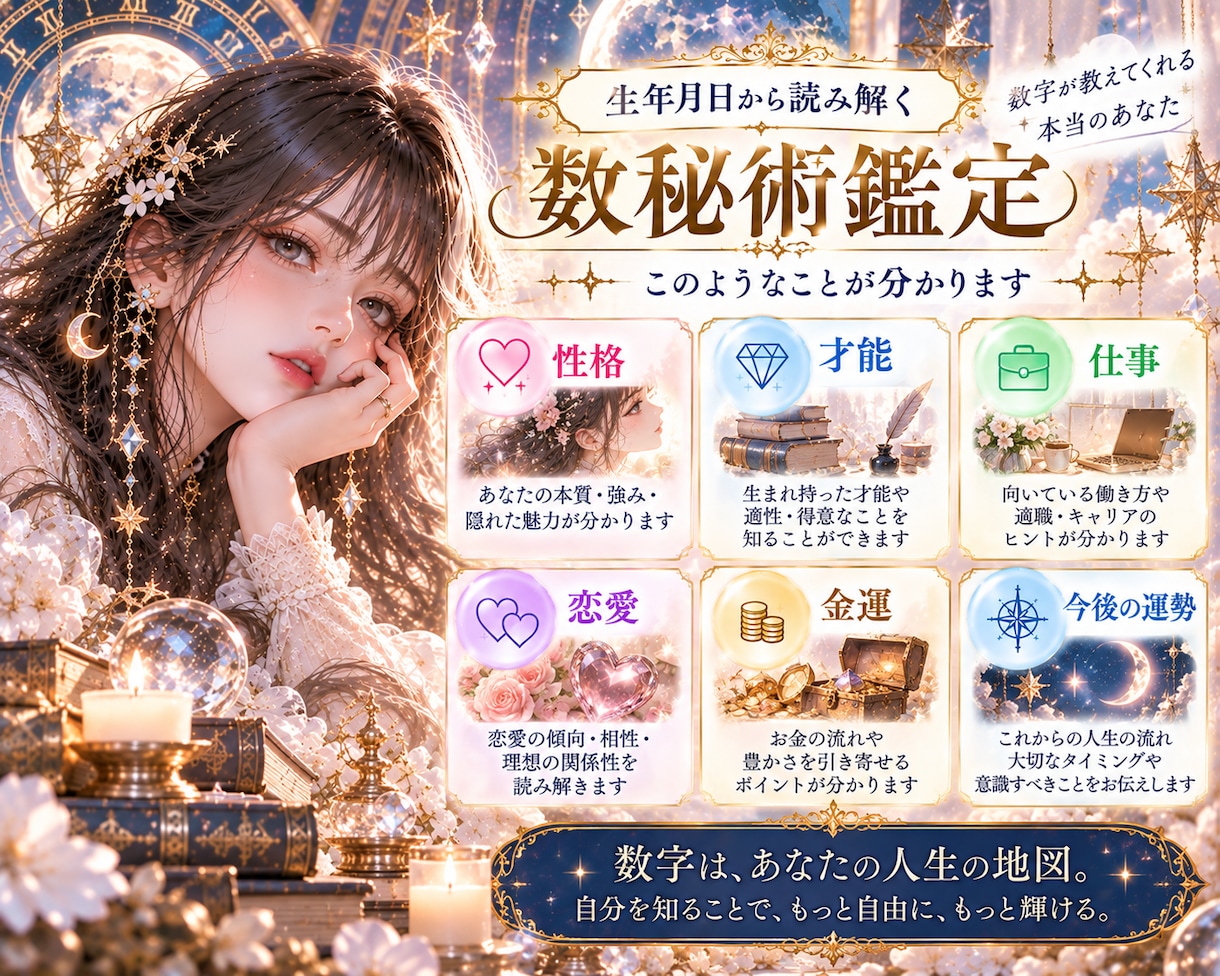 生年月日から数秘術で鑑定します あなたの個性と才能を数字から読み解きます イメージ2