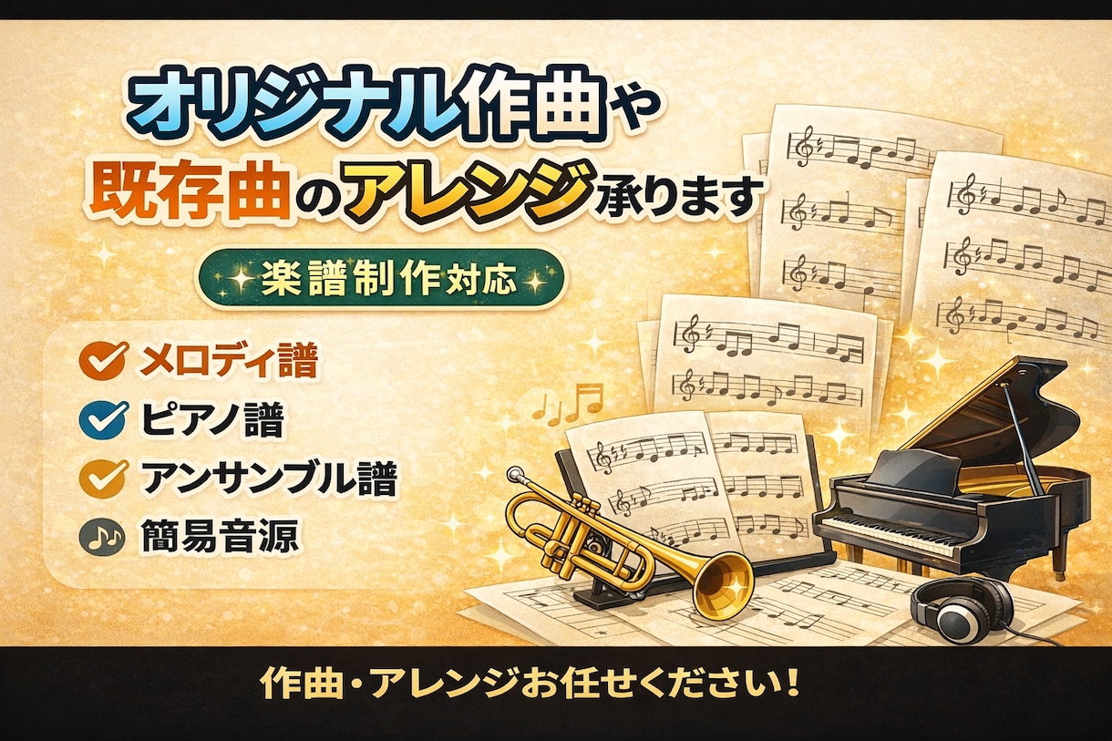 オリジナル作曲や既存曲のアレンジを承ります メロディ譜・ピアノ譜・アンサンブル譜まで用途に合わせて制作 イメージ1