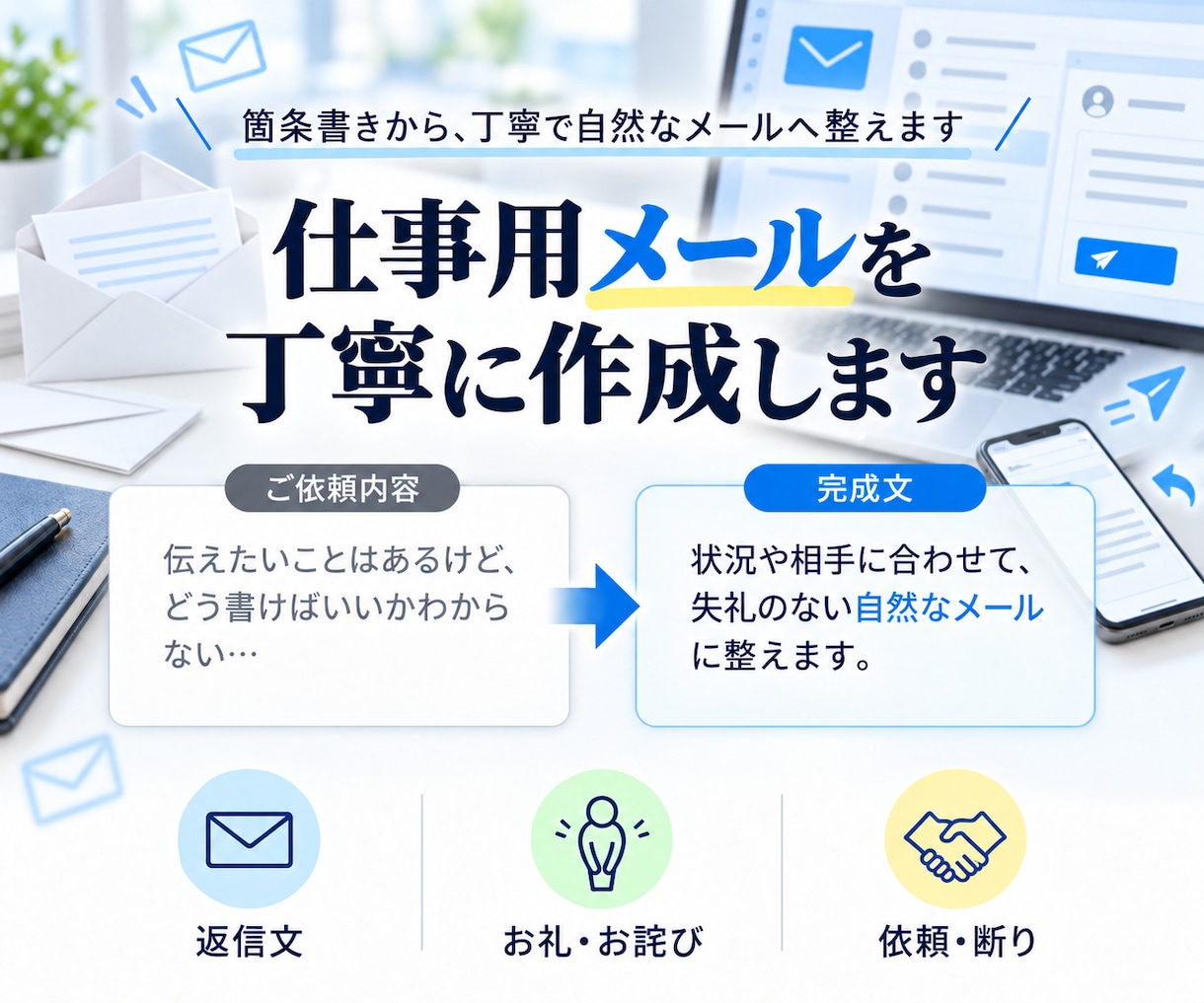 仕事で使うメール・返信文を作成します 箇条書きや状況説明から、丁寧で自然なビジネスメールに整えます イメージ1