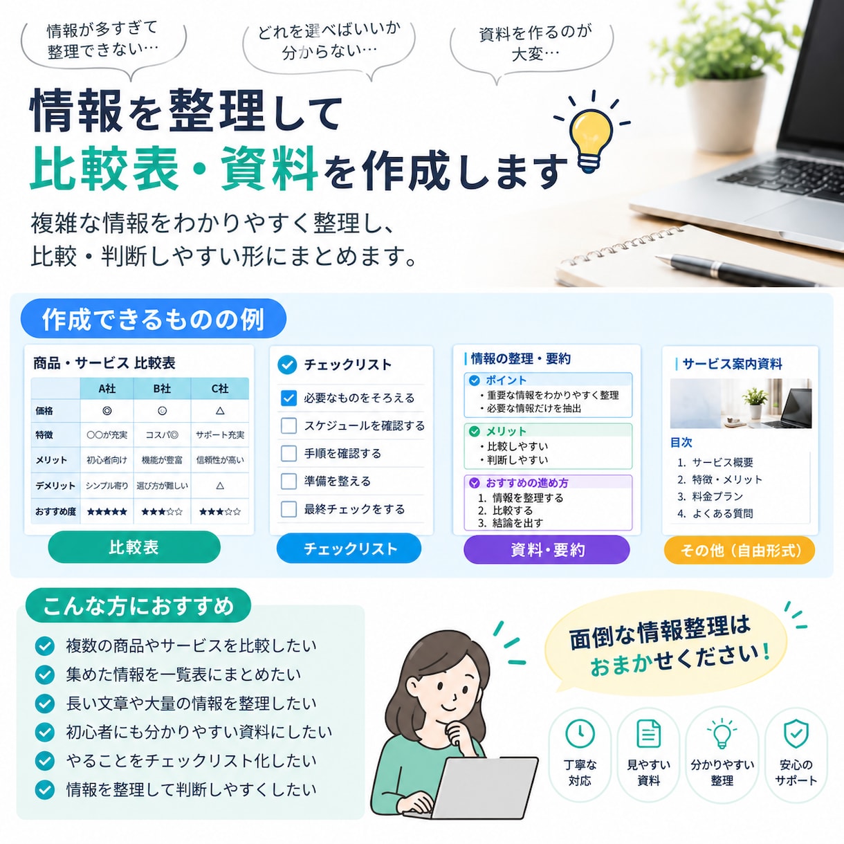 情報整理、比較表・資料を作成します 複雑な情報を見やすく整理、比較・判断しやすい資料にまとめます イメージ1