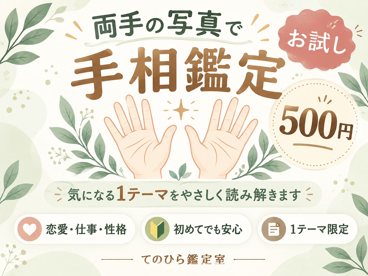 手相鑑定｜気になる1テーマを500円で読み解きます 「手相鑑定を一度試してみたい」方へ丁寧に読み解きます。 イメージ1