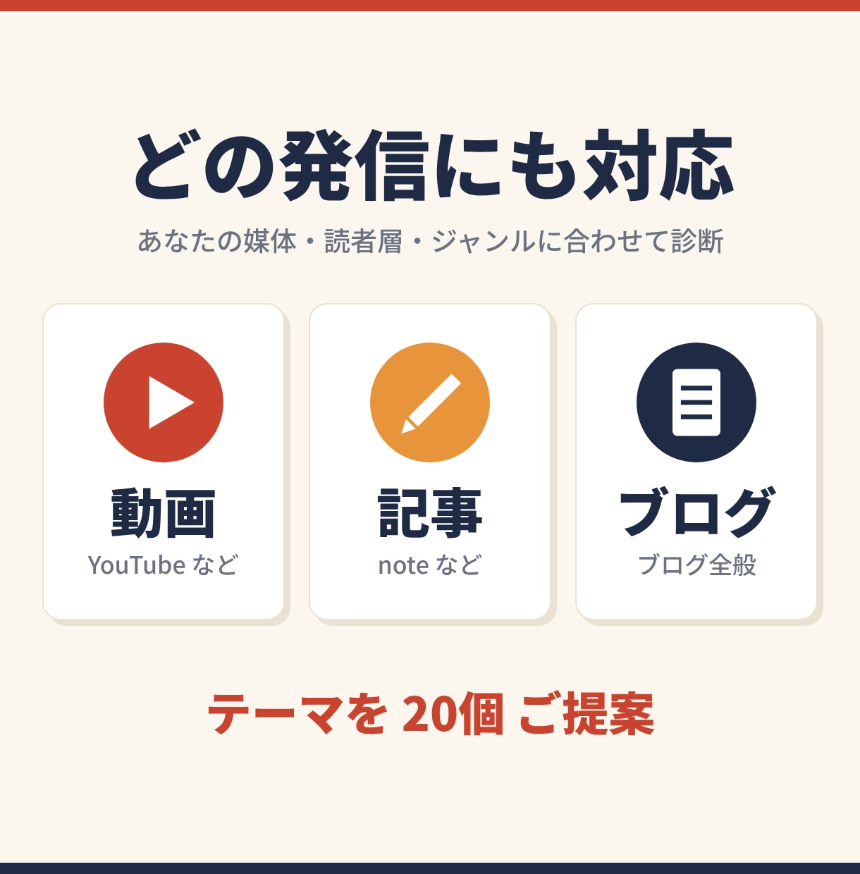 SNSのテーマ診断｜ 20 個のネタ提案します ネタ切れに悩む方へ。AIと人の目でテーマを厳選 イメージ2