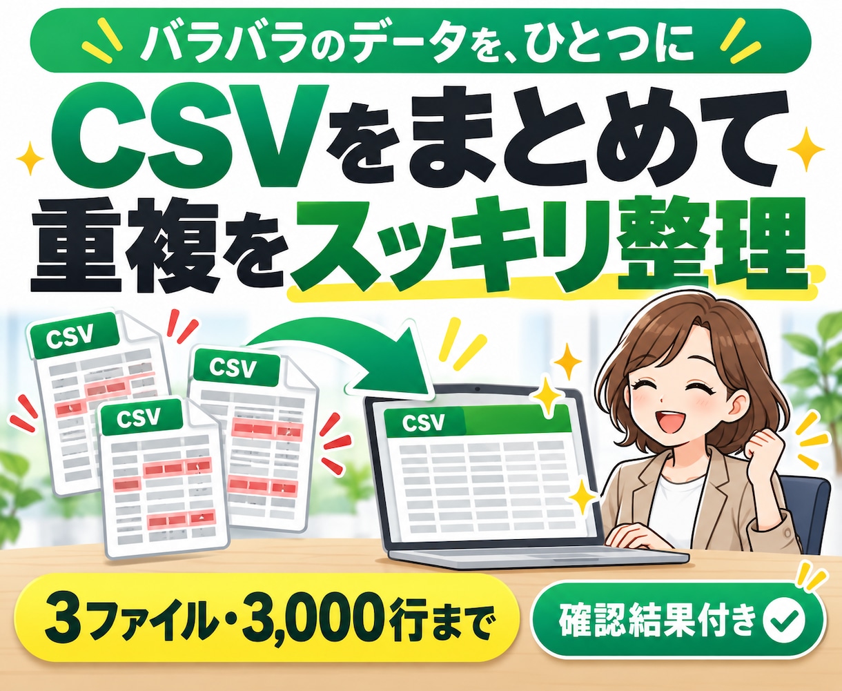 複数CSVをまとめて重複を整理します 3ファイル3000行まで、確認結果付きで納品 イメージ1