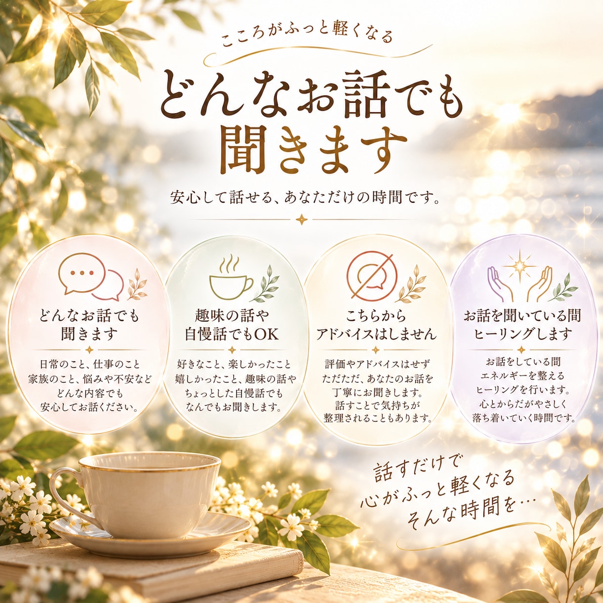 どんなお話でもゆっくりお聞きします 愚痴・悩み・趣味・自慢話まで何でもお話しください イメージ1
