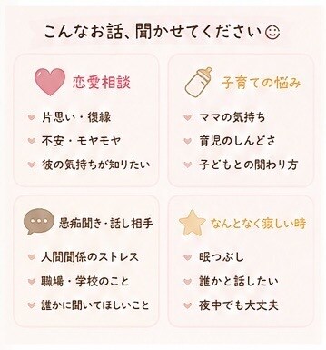 恋愛・子育て・愚痴OK！話し相手になります 誰かと話したい時に♪24時間気軽にどうぞ!!! イメージ2