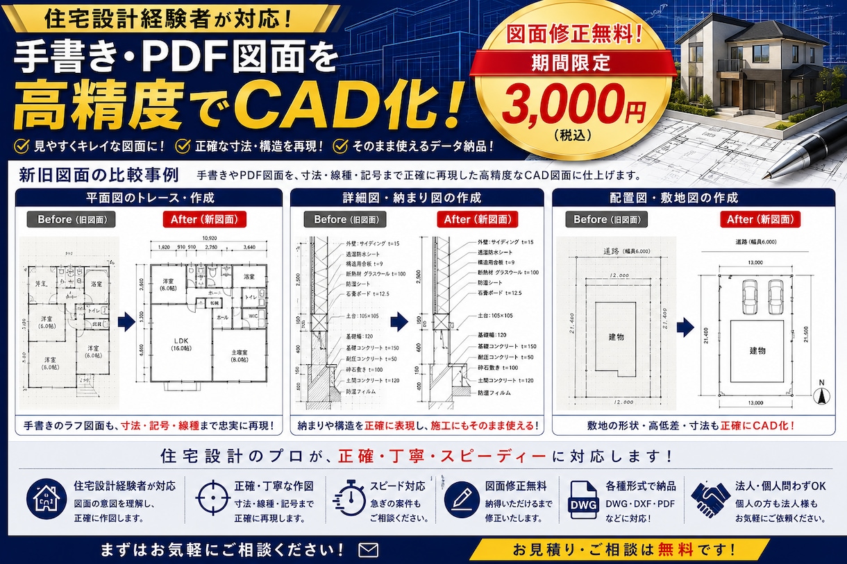 AutoCADで建築図面を迅速に作成いたします 住宅設計経験者が対応｜修正無制限｜手書き図面もCAD化 イメージ3