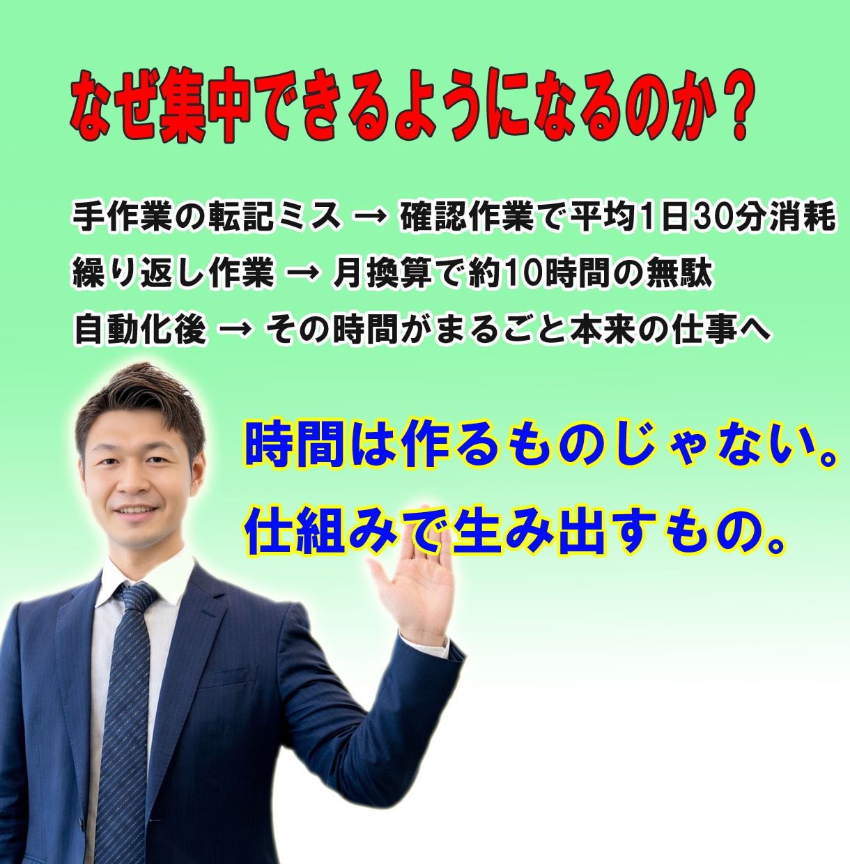 毎日の繰り返し業務をゼロにして自動化します 単純作業から解放され50代管理職が本来の仕事に集中できる イメージ2