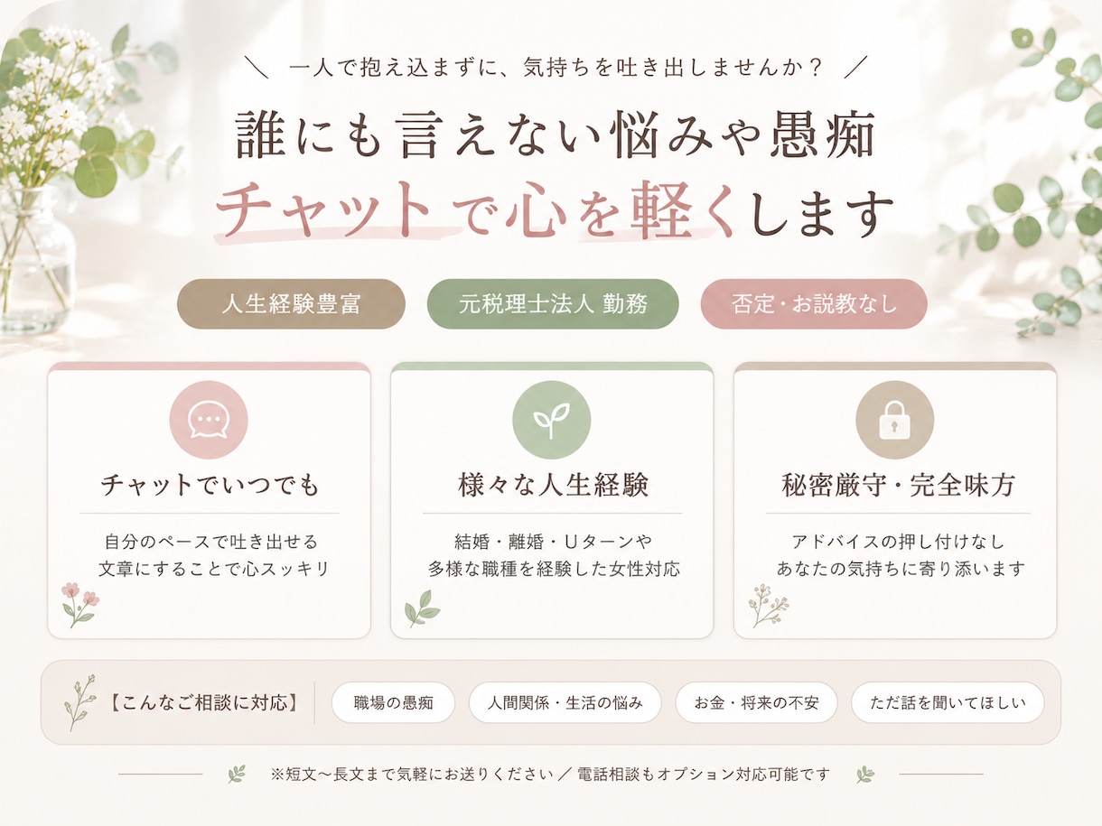 チャットでじっくりゆっくりお話し聞きます 誰にも言えない仕事・生活・のモヤモヤ、チャットで吐き出しOK イメージ1