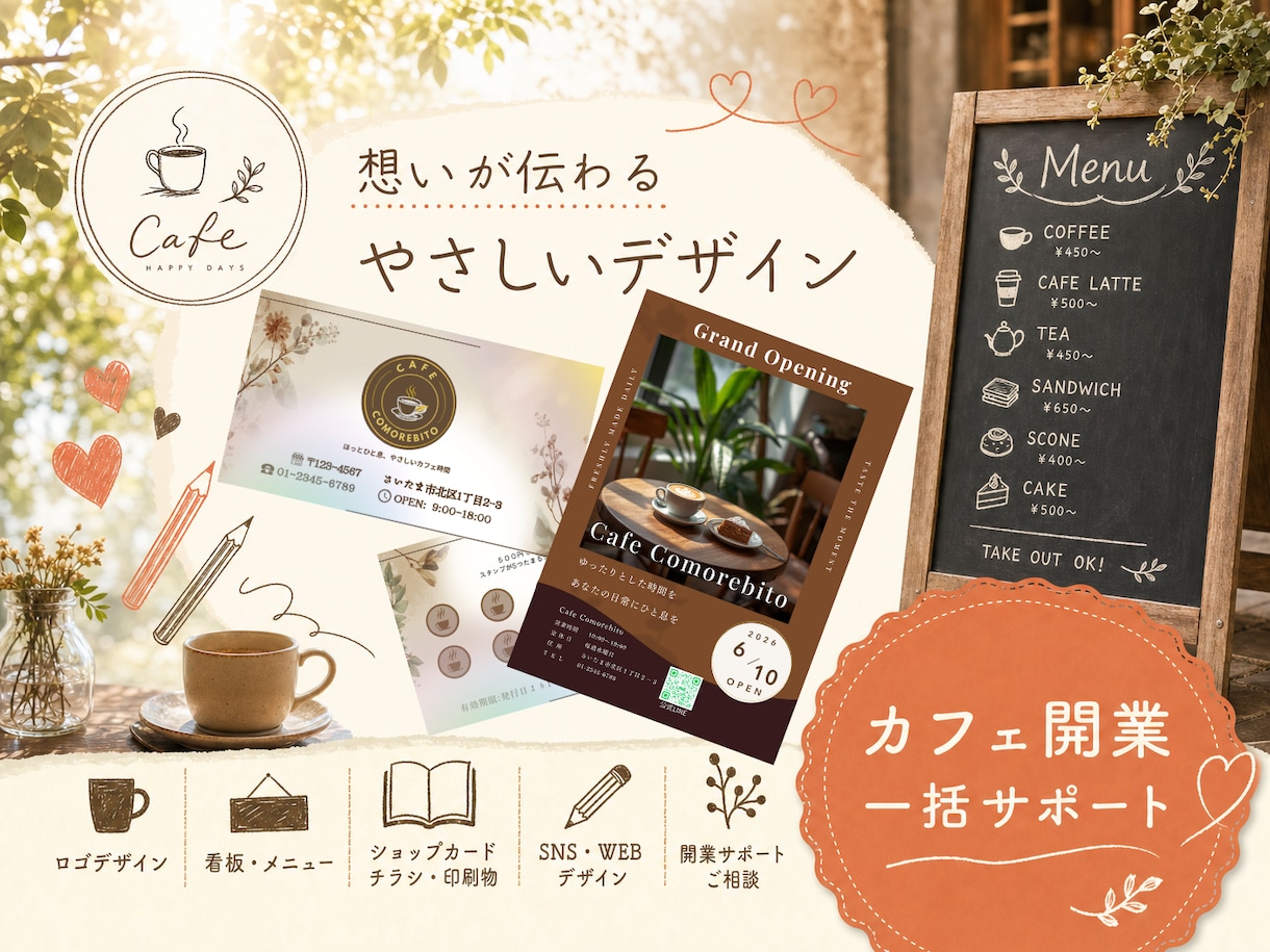 カフェ開業｜ロゴ・Web・印刷物一括サポートします カフェ専門デザイナーが理想のお店作りを丸ごとサポートします イメージ1