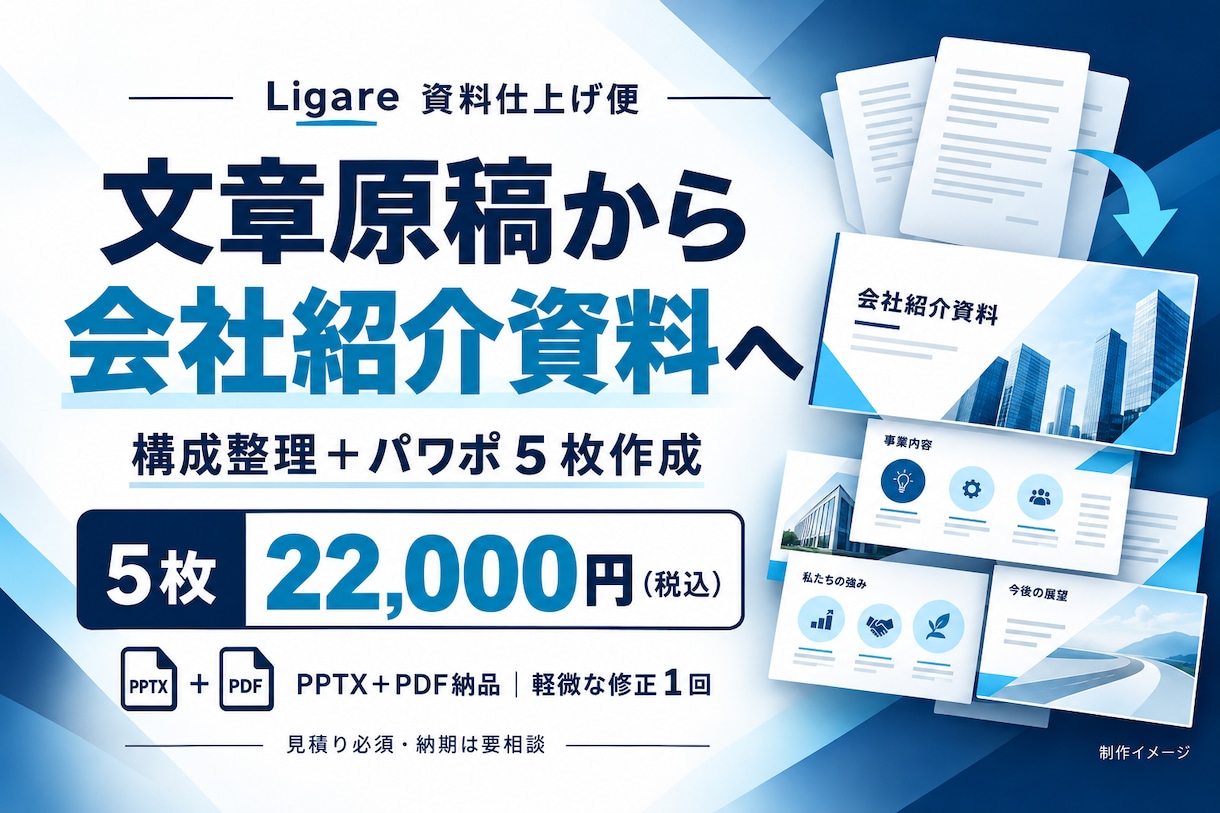 文章原稿から会社紹介パワポ５枚を作成します 会社概要・事業内容・強みを整理し、編集できる資料に イメージ1