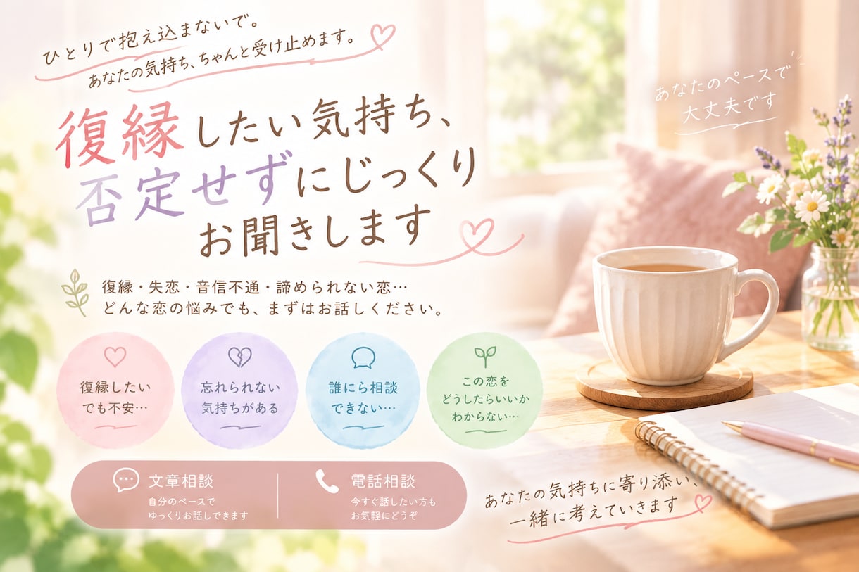 復縁したい気持ち、否定せずにじっくり聞きますます 音信不通・失恋・諦められない恋で悩む方へ イメージ1