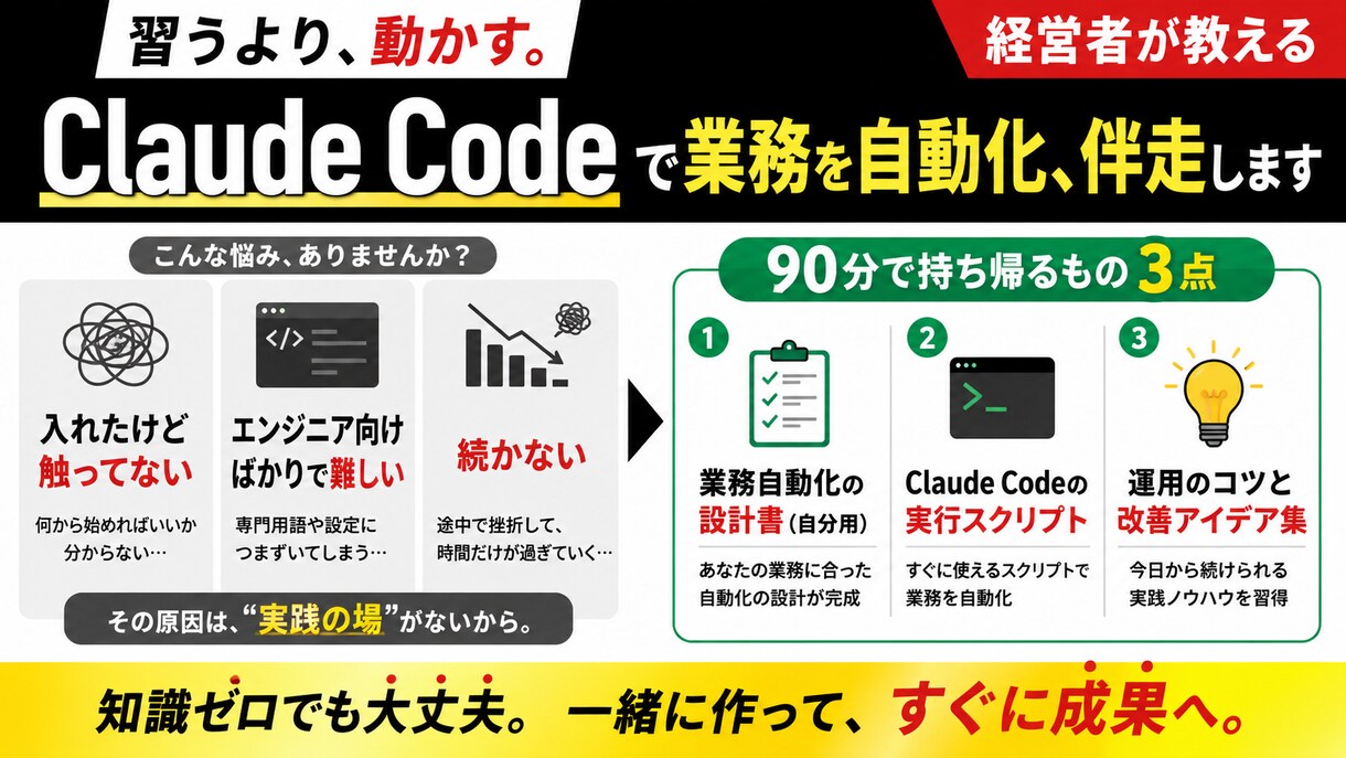 Claude Codeで業務を自動化、伴走します 習って終わりにしない。業務で動く1本を持ち帰るハンズオン イメージ2