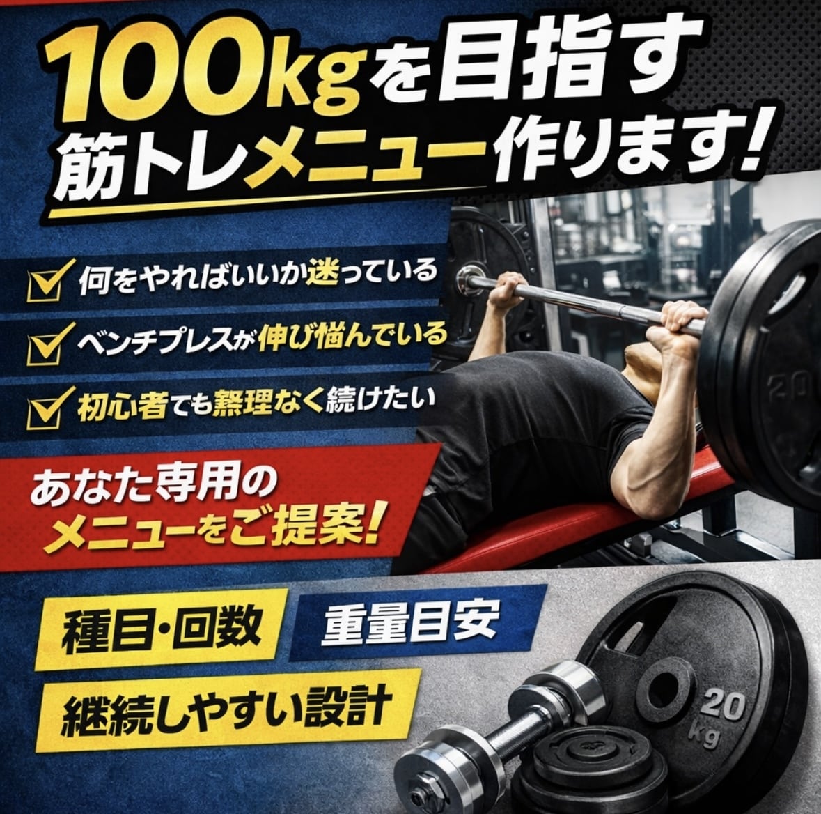 筋トレ初心者専用のトレーニングメニュー作成します 「何をすればいいか分からない」を解決します。 イメージ1