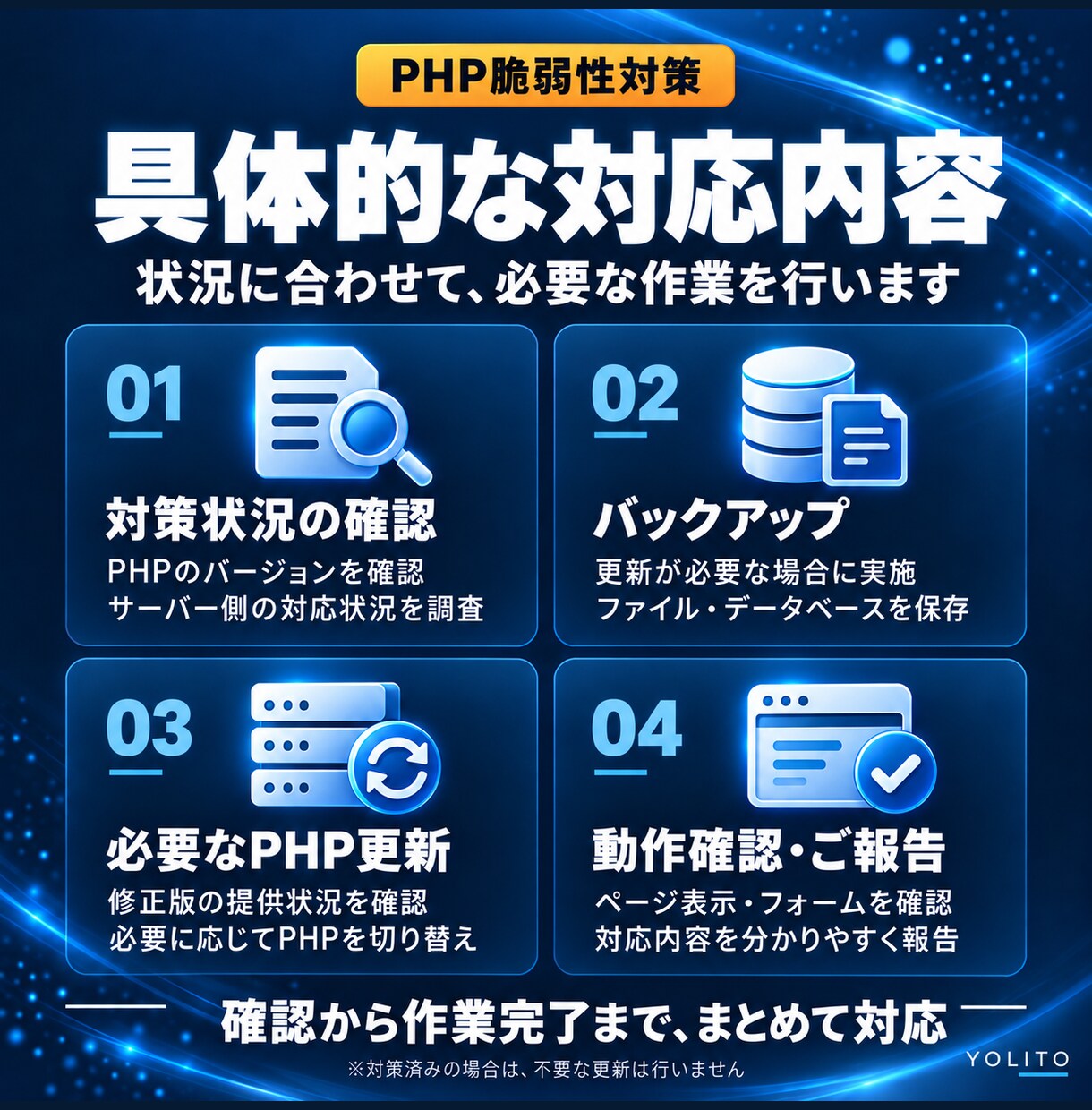 PHPの脆弱性対策・更新作業を代行しますます 状況確認から必要な更新・動作確認まで対応 イメージ2