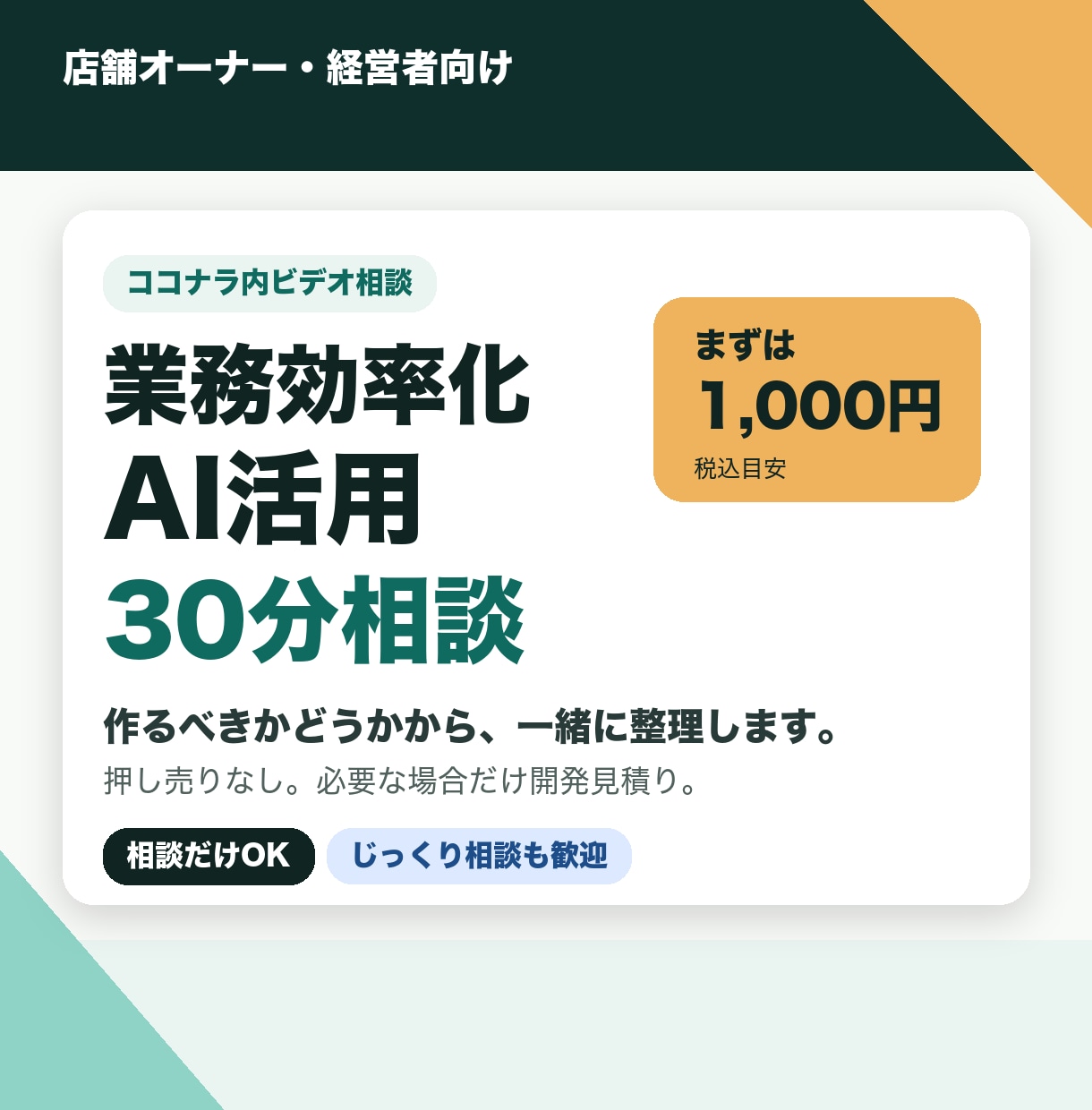 業務効率化・AI活用の相談に30分乗ります 作るべきかどうかから一緒に整理します。無理な提案はしません。 イメージ1