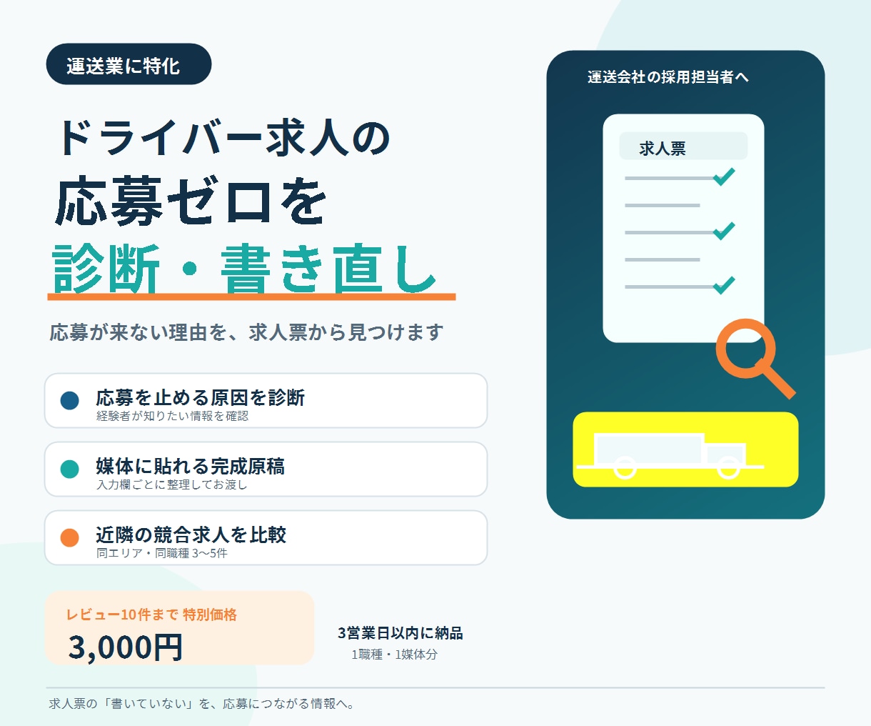 ドライバー求人の応募ゼロを診断し書き直します 運送、旅客業に特化｜レビュー10件まで特別価格3,000円 イメージ1