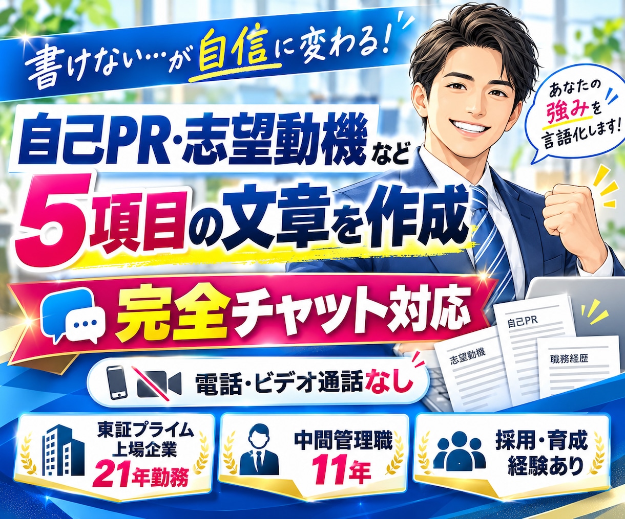 自己PR・志望動機など5項目を作成します 普通の経験から強みを発掘！完全チャットで文章化 イメージ2