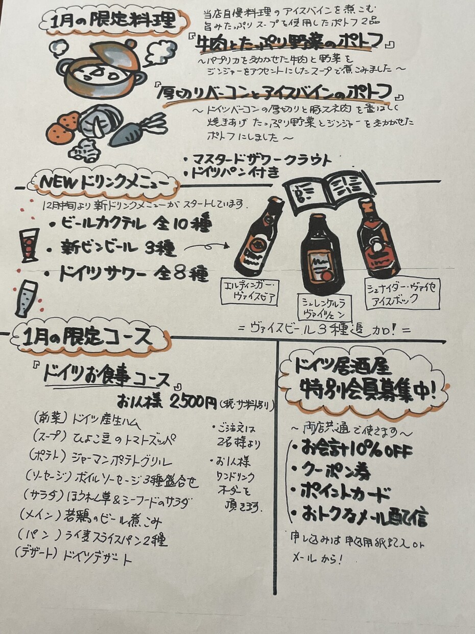 A4 手書きメニュー、チラシ、POP製作します 有名ドイツ料理屋にて20年間手描きのメニュー看板担当(^^) イメージ7