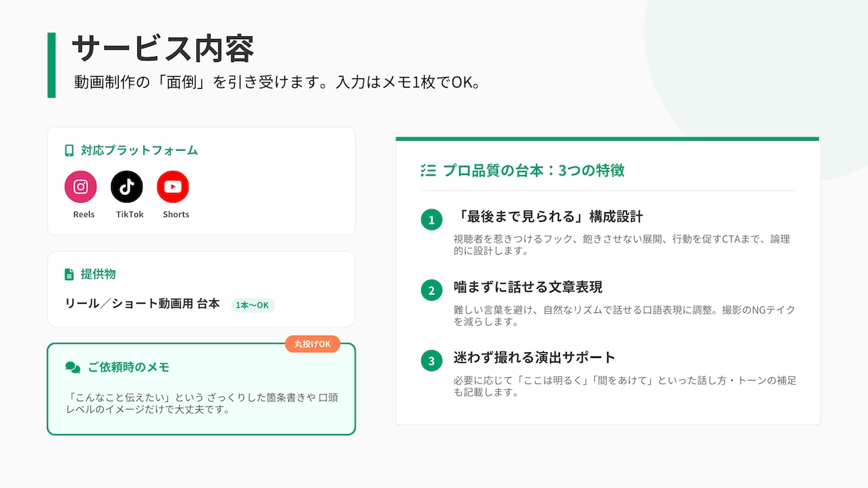 伝わるリール台本を丁寧に作成します 伝えたい想いを“届くリール台本”として丁寧に言葉にします。 イメージ2