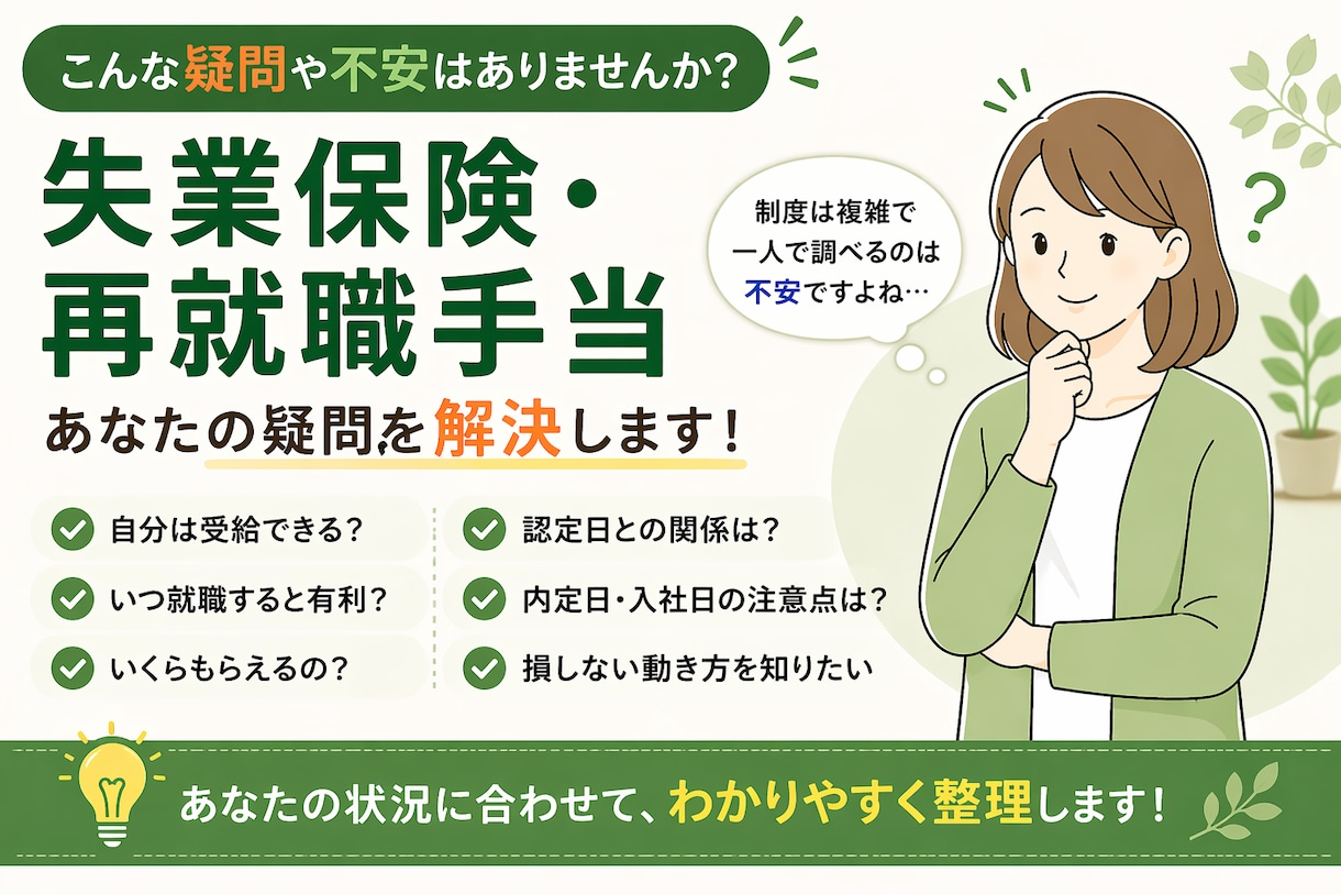 失業保険・再就職手当のお悩みを状況整理します 損する前に確認。受給条件・時期・金額・動き方をわかりやすく！ イメージ2