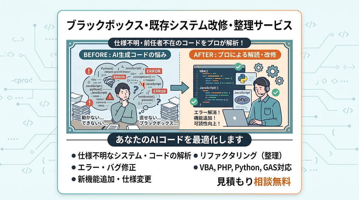 ブラックボックスなシステムの改修・整理します 仕様書なし・前任者不在のコードを解読し修正・リファクタ イメージ1