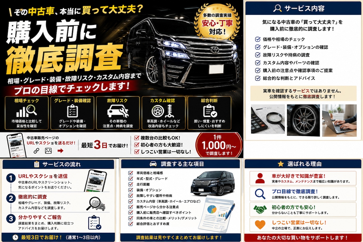 中古車の購入前調査をします 相場や故障リスクまで徹底調査します イメージ2