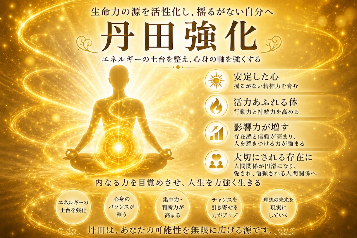 気功により第二チャクラ（丹田）を強化します 〝運気上昇〟〝精神強化〟〝人間関係の向上〟気の移植。 イメージ1