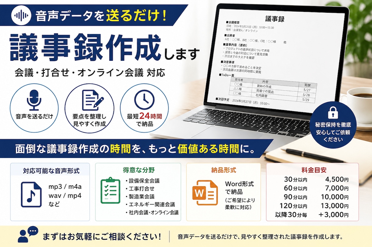 音声を送るだけ！議事録作成します 最短24時間納品｜決定事項・ToDo整理 イメージ1