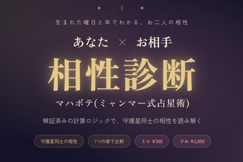 ミャンマー式占星術【マハボテ】で相性を鑑定します 【相性診断フル】　詳細な相性診断と今後のアドバイス イメージ1