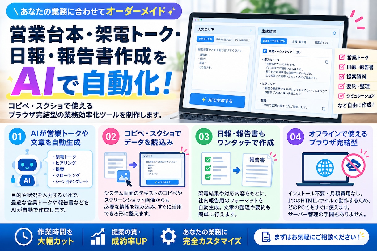 営業台本と日報が1秒で終わる専用ツールを作ります プルダウンを選ぶだけで台本と日報が完成！月額0円の専用ツール イメージ1