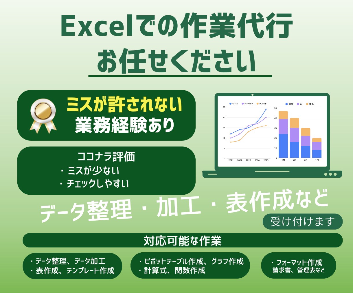 エクセル作業を丁寧に代行します エクセルが苦手でも、安心して任せられます。 イメージ1