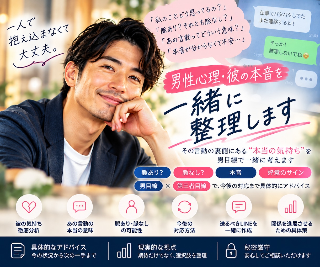 男目線で彼の本音や男性心理を一緒に整理します 脈あり？脈なし？彼の言動から今後の接し方まで一緒に考えます イメージ1