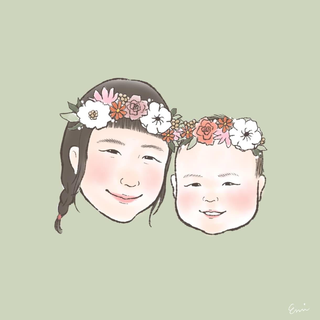お花のかんむりを載せた可愛い似顔絵お描きします アイコンにおすすめ♪背景色が選べる◎お子さんペット家族に！ イメージ2