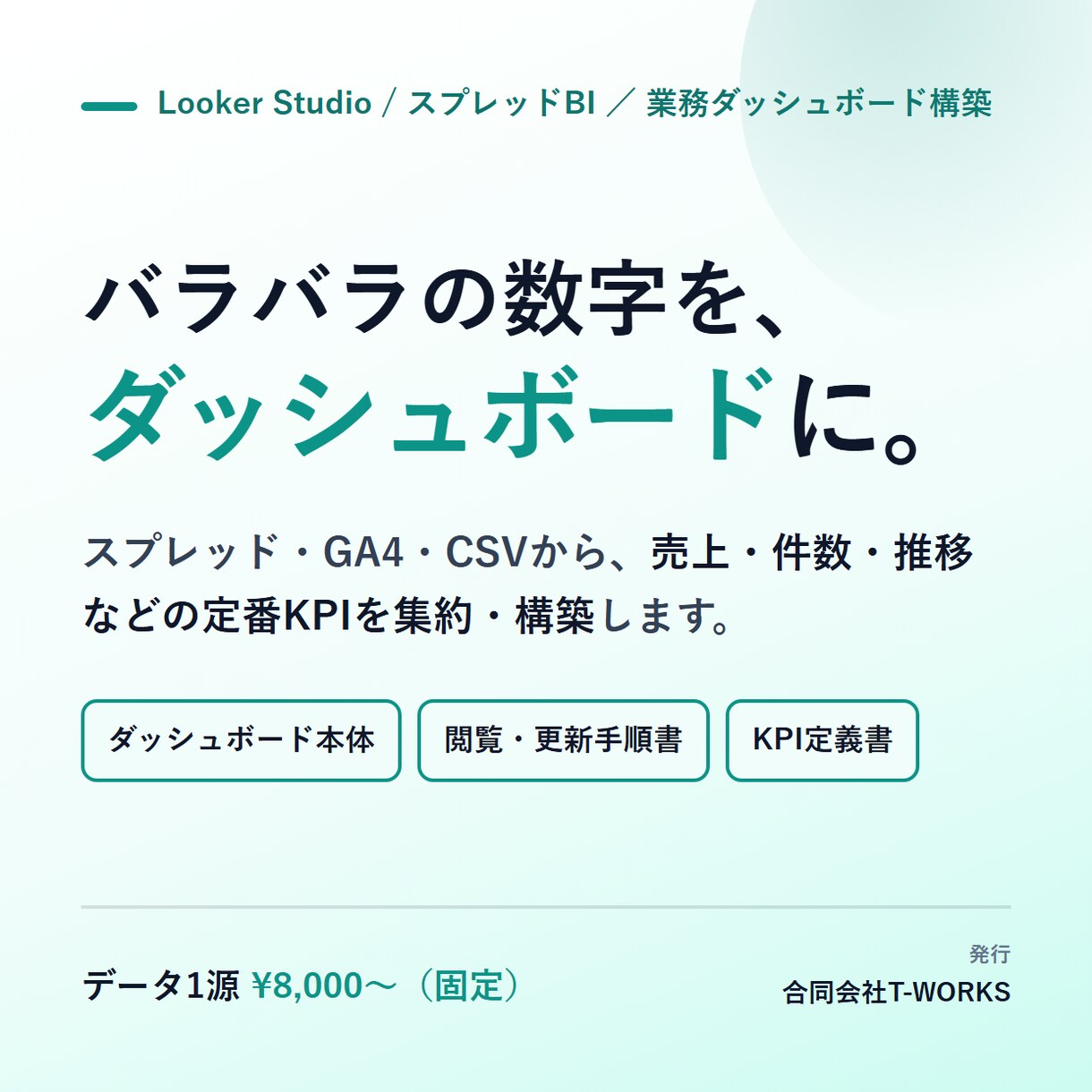 定番KPIの業務ダッシュボードを構築します データ1源から定番KPIを固定価格でダッシュボード化 イメージ1