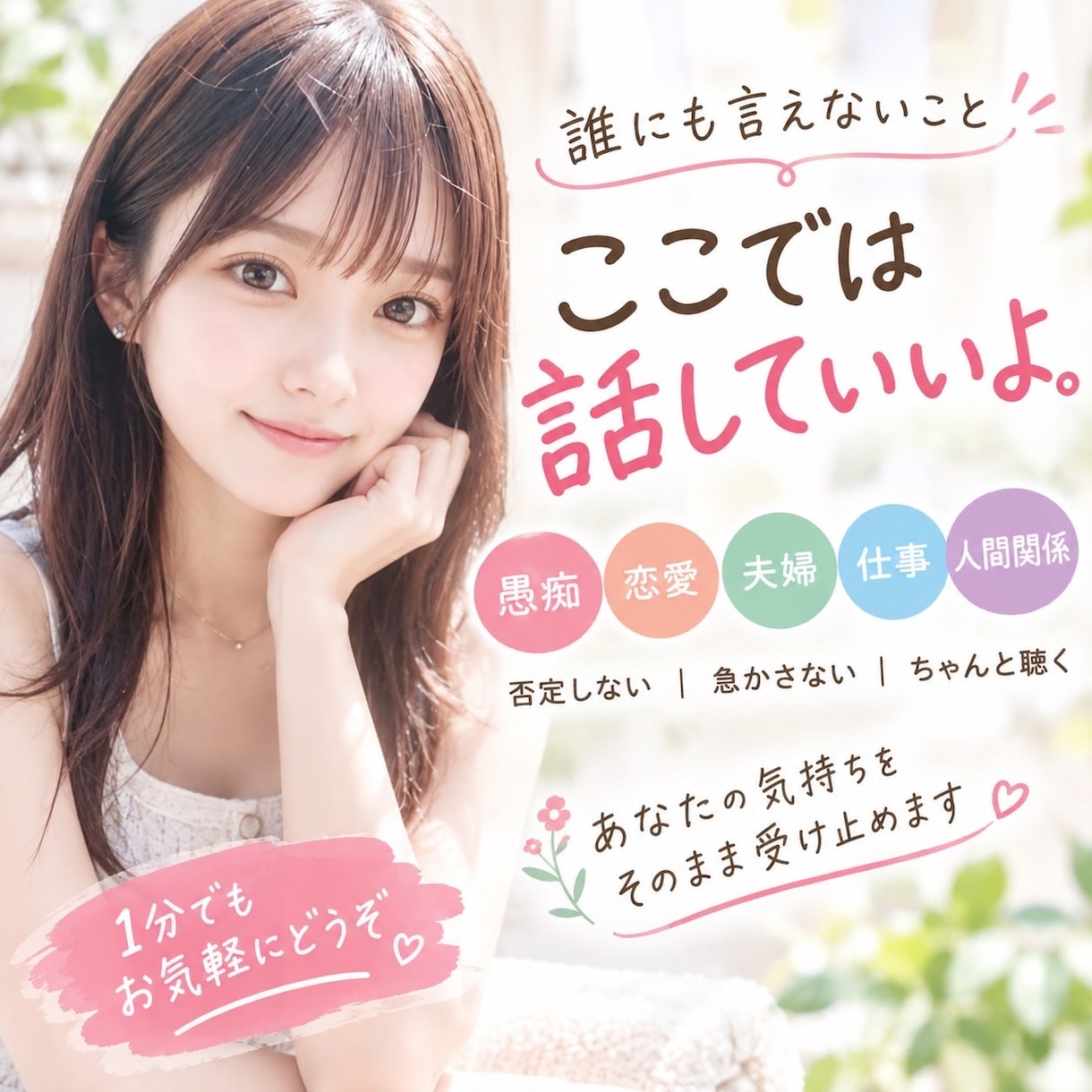 1分からOK♡･:*誰にも言えない話、聴きます 恋愛/雑談/愚痴/相談/悩み/お気軽にお試しください♪ イメージ1