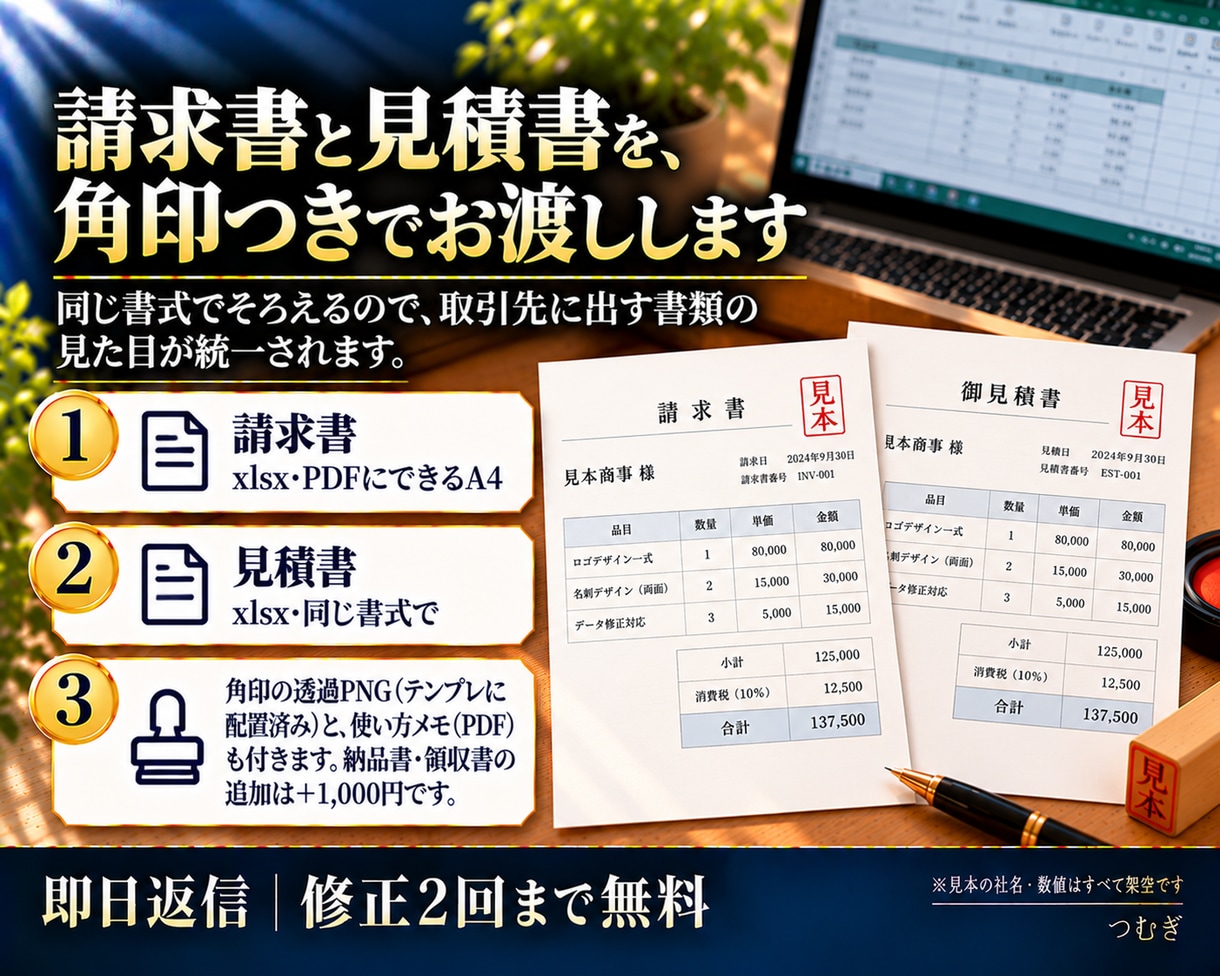 即日対応！請求書・見積書のExcelを作ります 即日返信。3,000円で角印込み・自動計算・インボイス対応 イメージ2