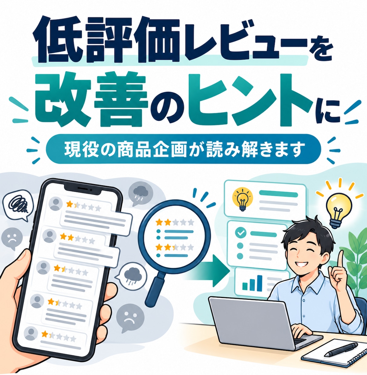 低評価レビューから、商品の改善点を見つけます 星1〜2の声を読み解き、現役の商品企画が改善案にします イメージ1