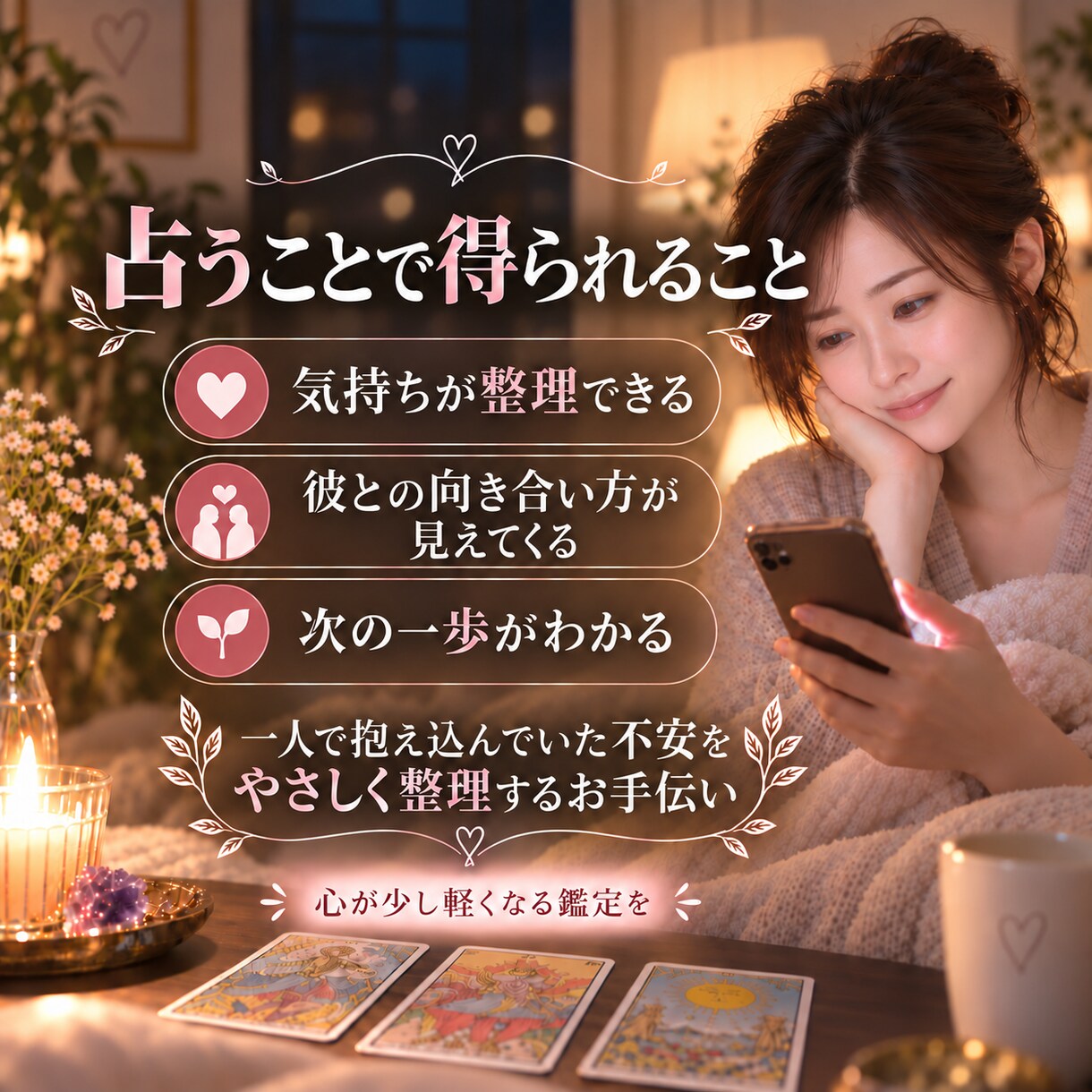 返信が遅い彼の気持ちをタロットで読み解きます 彼の気持ちが見えず不安なあなたへ、3枚で丁寧に鑑定 イメージ4