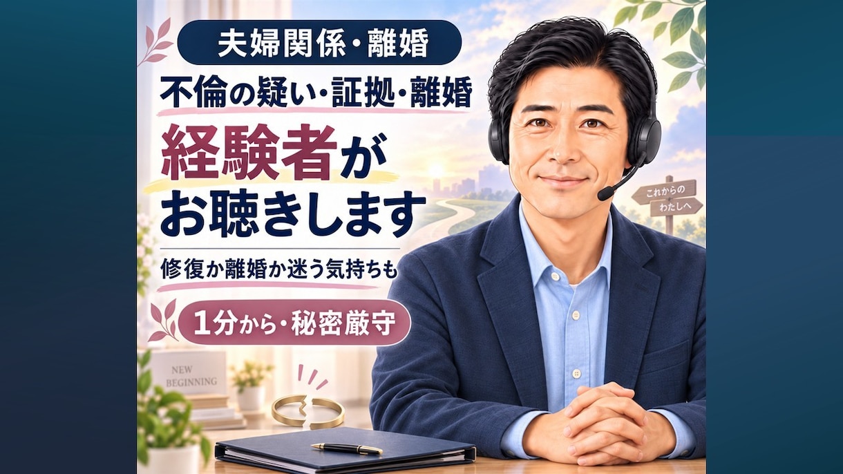 不倫された苦しみと離婚の迷いを経験者がお聴きします 疑い・証拠・離婚決断の孤独を否定せず受け止めます イメージ1