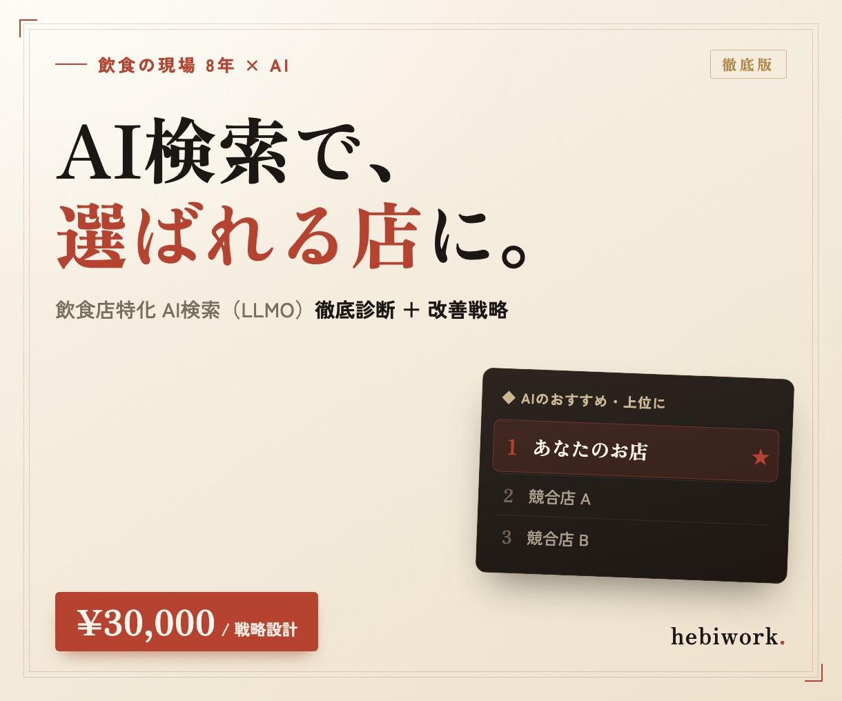 飲食店のAI検索対策を戦略設計します 現場8年×AI。AI検索の徹底診断と改善戦略を設計します イメージ1
