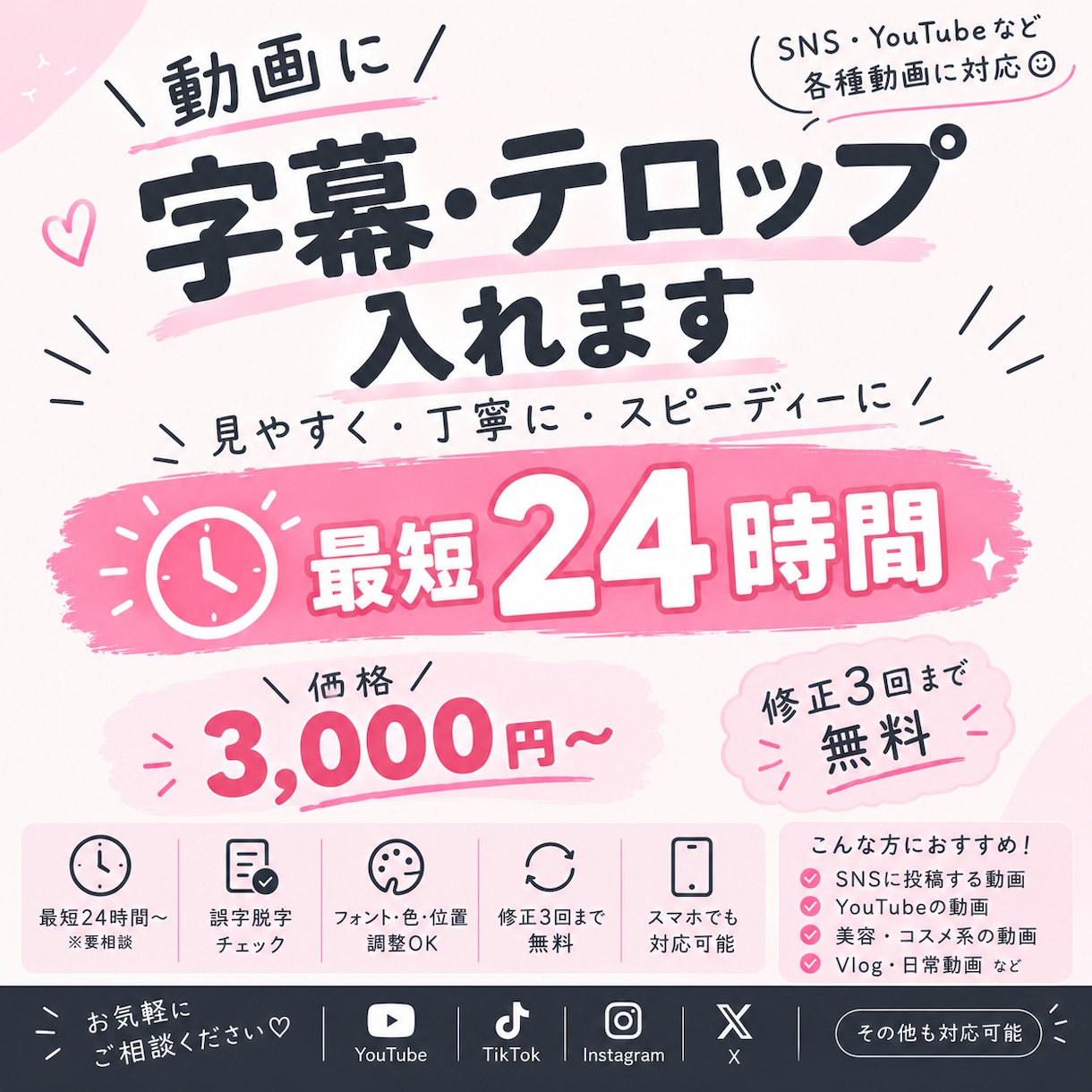 最短24時間〜 動画に字幕・テロップ入れます 迅速対応◎お急ぎの場合もお気軽にご相談ください♩ イメージ1